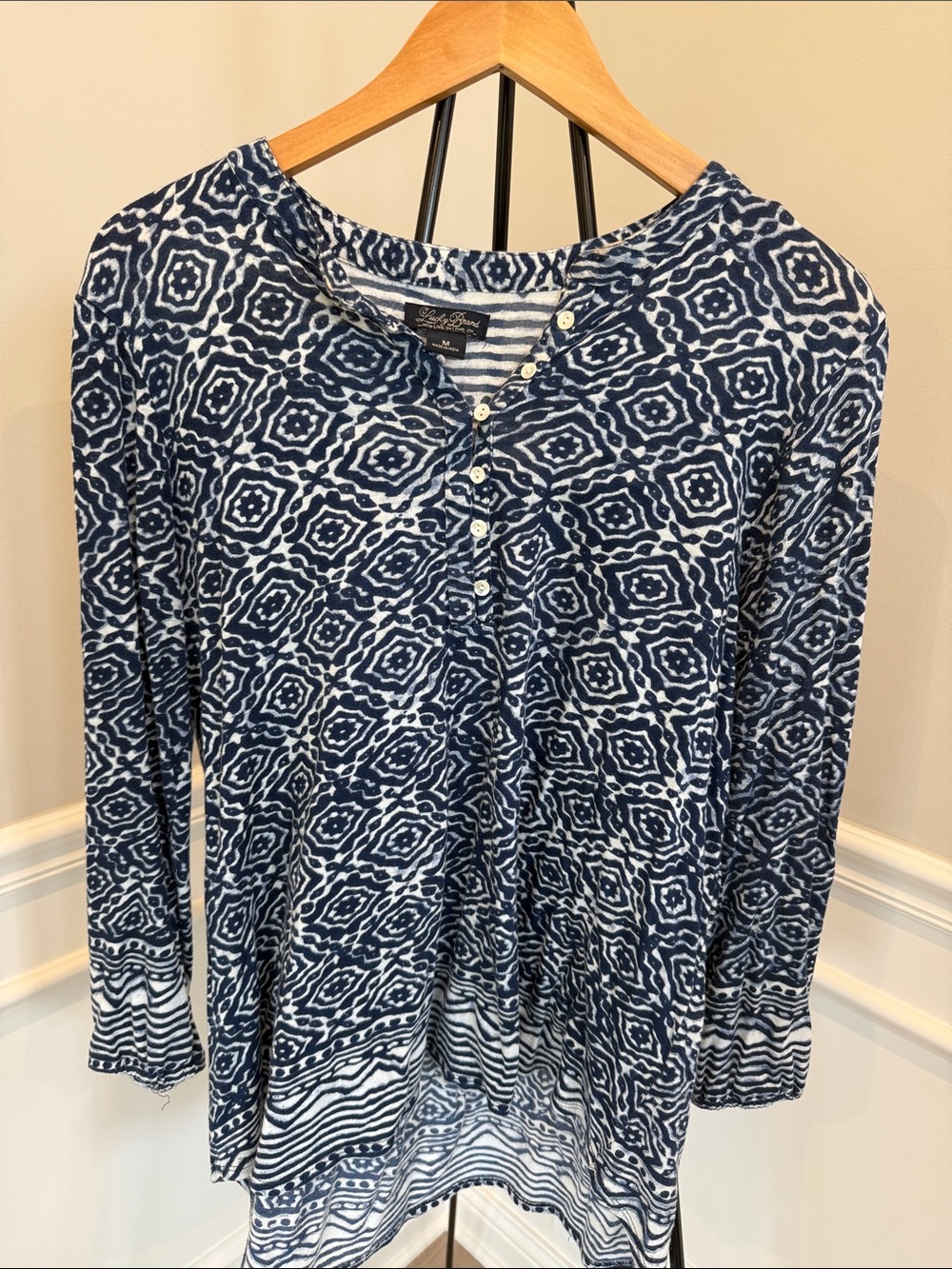Lucky Brand Navy and White Geometric Henley Long Sleeve